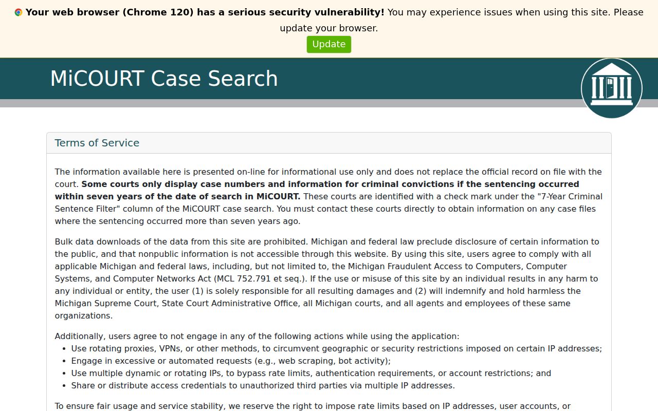 Missaukee County criminal court records search in MiCOURT